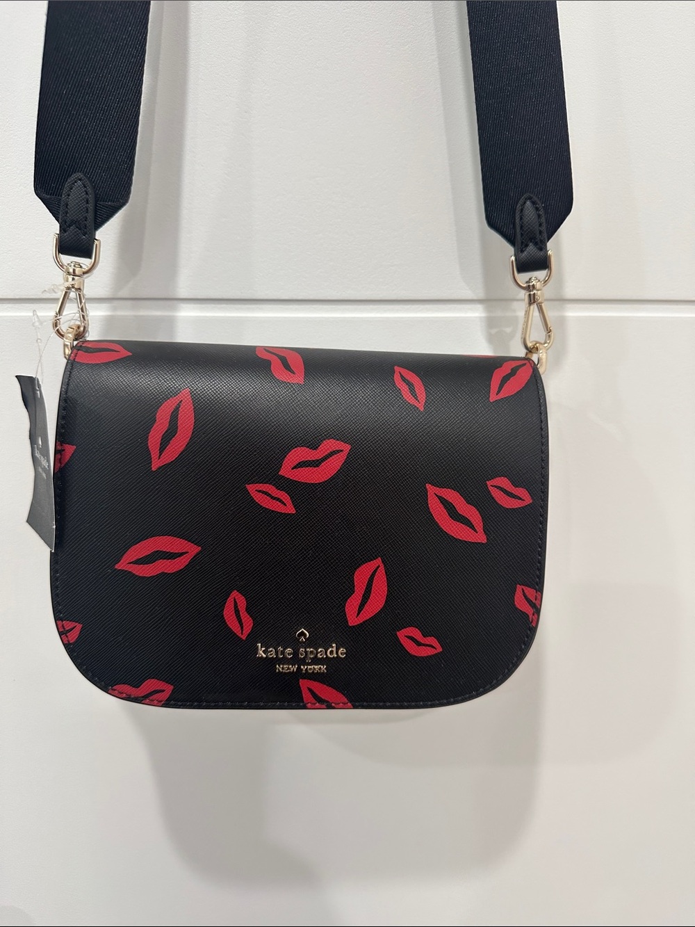 kate spade Black Crossbody Bag with Red Lip Print Pattern